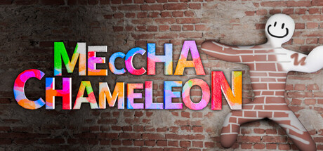 Meccha Chameleon official key art — a white chameleon painted like a brick wall